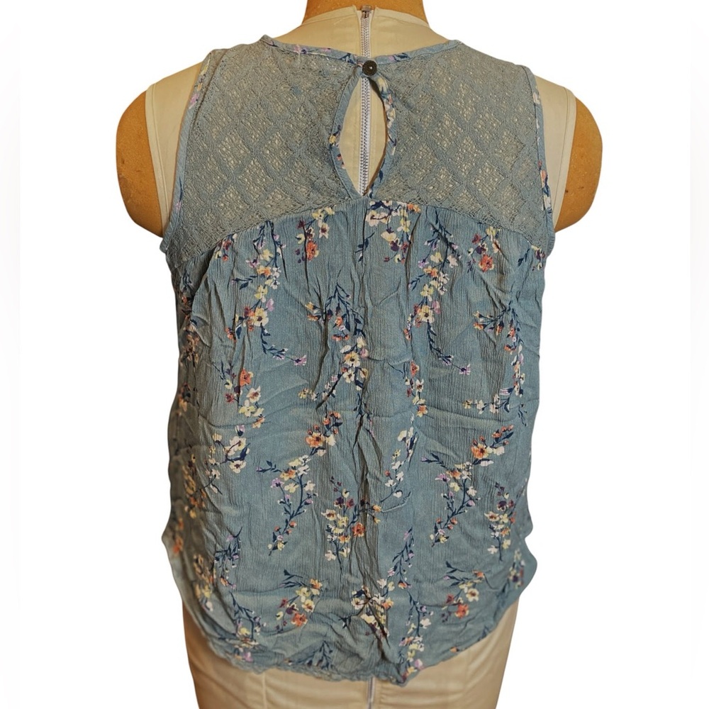 Floral Embroidered Blue Sleeveless Top Large L flowers lace boho pretty - Picture 2 of 6